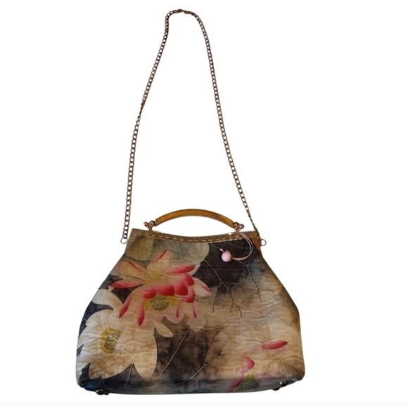 Vintage Lotus Asian Patterned Kiss Lock Women's Bag With Chain - Picture 2 of 15